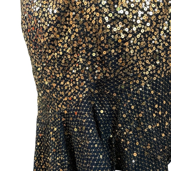 Marchesa Notte Sequined One Shoulder Asymmetric Ruffle Hem Dress Gold Size XS/4 - Picture 11 of 14